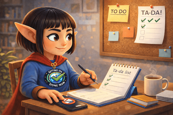 Half Vulcan, half elf character in a blue tunic, with the Getting Ish Done Now logo on it, and a red cape, sitting at a desk with a phone on silent and planning a system workflow.